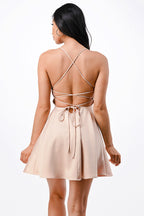 Satin like fit and flare dress with back crisscross spaghetti for prom homecoming cocktail dress