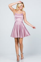 Satin like fit and flare dress with back crisscross spaghetti for prom homecoming cocktail dress