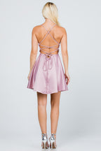Satin like fit and flare dress with back crisscross spaghetti for prom homecoming cocktail dress