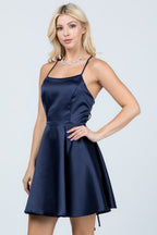 Satin like fit and flare dress with back crisscross spaghetti for prom homecoming cocktail dress