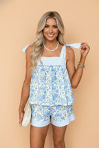 Floral Stripe Patchwork Top & Shorts Set