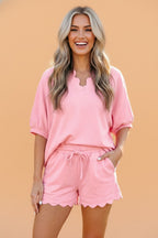 Scalloped V-Neck Dolman Top & Drawstring Short Set