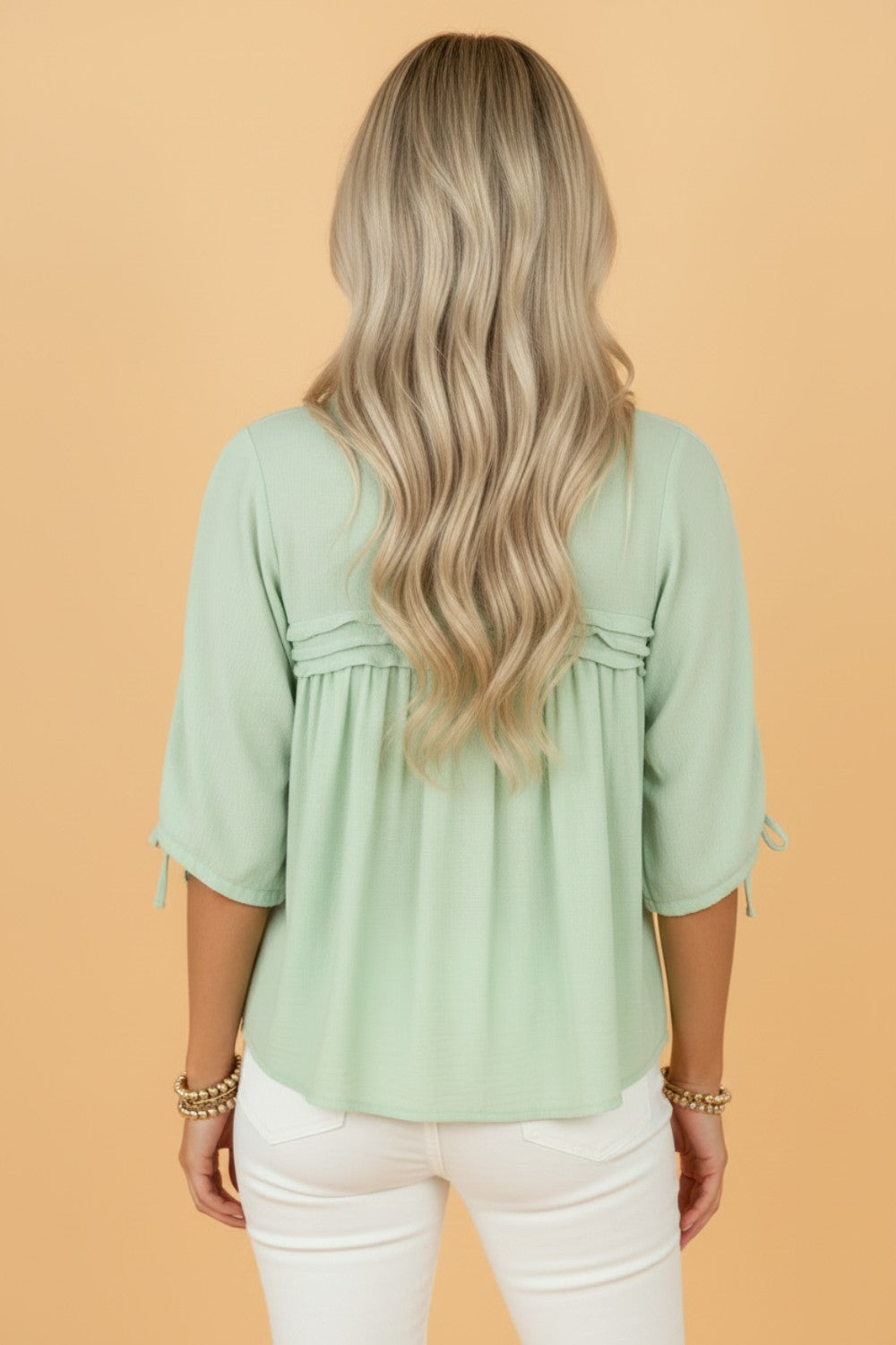Solid Pleated Tie Sleeve Babydoll Blouse