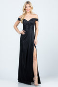 Off the shoulder glittery jacquard gathered gown with open side