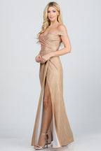 Off the shoulder glittery jacquard gathered gown with open side