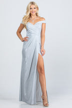Off the shoulder glittery jacquard gathered gown with open side