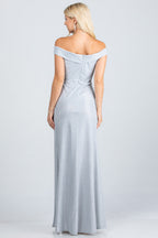Off the shoulder glittery jacquard gathered gown with open side