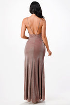 Sparkling knit jacquard side gather spaghetti strap mermaid gown with side slit