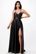Open side back spaghetti zig zag tie stretch satin gown.