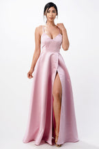 Open side back spaghetti zig zag tie stretch satin gown.