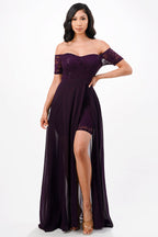 Off the shoulder sequin lace and chiffon dress