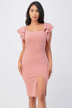 Ruffle sleeve pencil dress with side slit