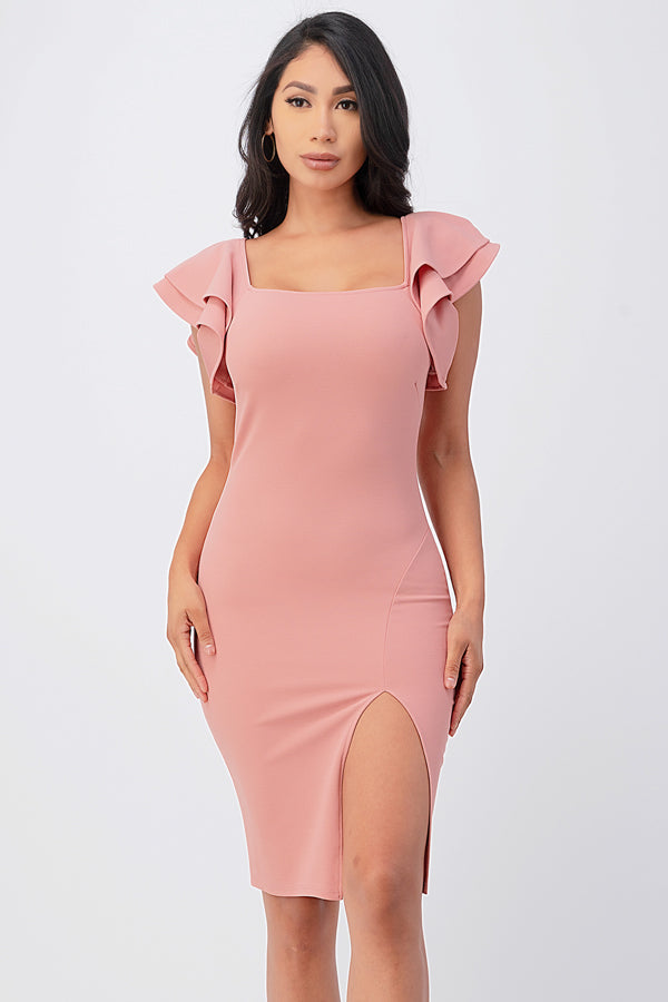 Ruffle sleeve pencil dress with side slit