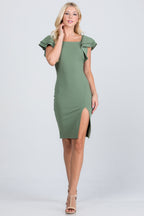 Ruffle sleeve pencil dress with side slit