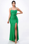 Back lace up mermaid dress with waist shirring and open slit
