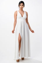 Full tricot deep V-neck A-line dress with side slit