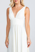 Full tricot deep V-neck A-line dress with side slit