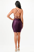 Back lace up short dress with waist shirring