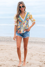 Floral Boho Crochet V-Neck Short Sleeve Blouse
