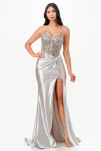 Sequin lace satin front twist long dress