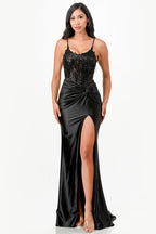 Sequin lace satin front twist long dress