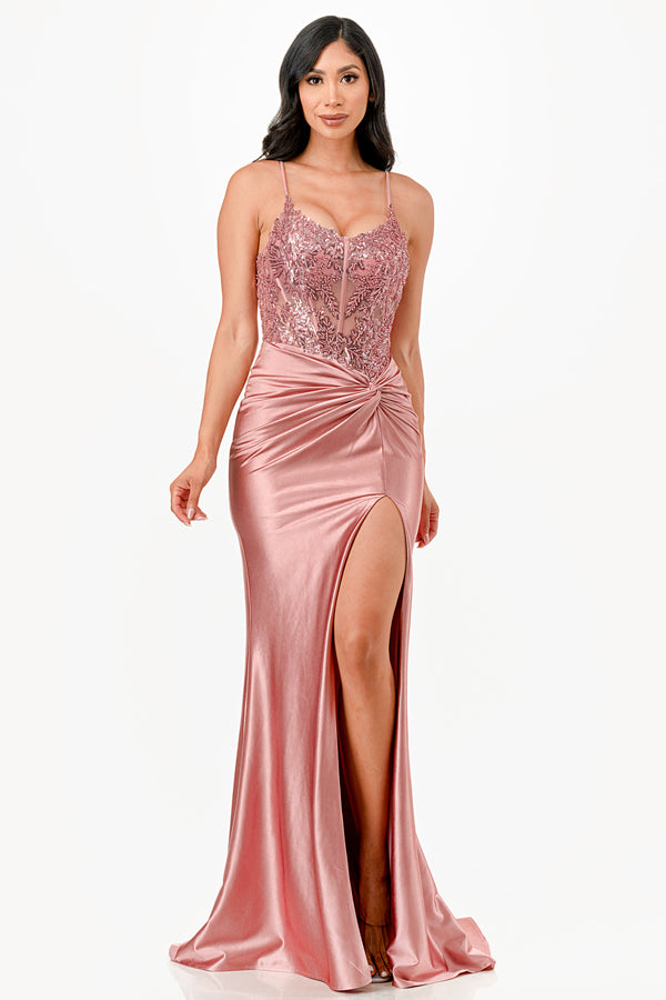 Sequin lace satin front twist long dress