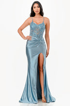 Sequin lace satin front twist long dress