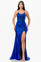 Sequin lace satin front twist long dress