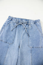 Denim Raw Hem Drawstring Wide Leg Pants