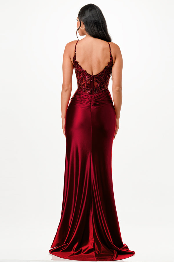 Sequin lace satin front twist long dress
