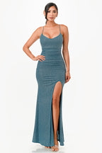 Glittered ITY Back lace up mermaid dress with waist shirring and open slit