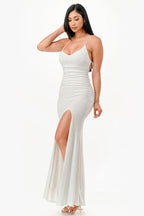 Glittered ITY Back lace up mermaid dress with waist shirring and open slit
