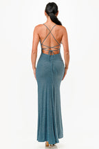 Glittered ITY Back lace up mermaid dress with waist shirring and open slit