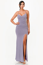 Glittered ITY Back lace up mermaid dress with waist shirring and open slit