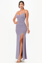Glittered ITY Back lace up mermaid dress with waist shirring and open slit