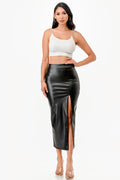 Long PU leather pencil skirt with open slit &amp; waist band