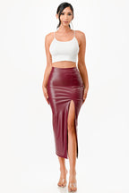 Long PU leather pencil skirt with open slit &amp; waist band