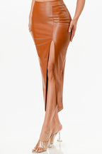 Long PU leather pencil skirt with open slit &amp; waist band