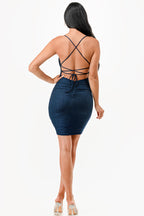 Glittered Back lace up short dress with waist shirring