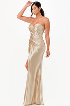 Tucked and ruched Sweetheart long satin dress with fitted slit skirt