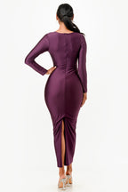 LONG SLEEVE SHINY TRICOT OVERLAP LONG DRESS
