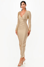 LONG SLEEVE SHINY TRICOT OVERLAP LONG DRESS