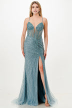 Sunburst Crystal beaded Vneck corset mermaid dress