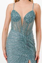 Sunburst Crystal beaded Vneck corset mermaid dress