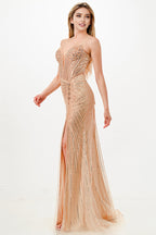Sunburst Crystal beaded Vneck corset mermaid dress
