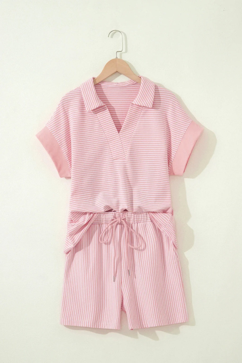 Stripe Dolman Sleeve Polo Shirt & Drawstring Shorts Set