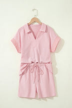 Stripe Dolman Sleeve Polo Shirt & Drawstring Shorts Set