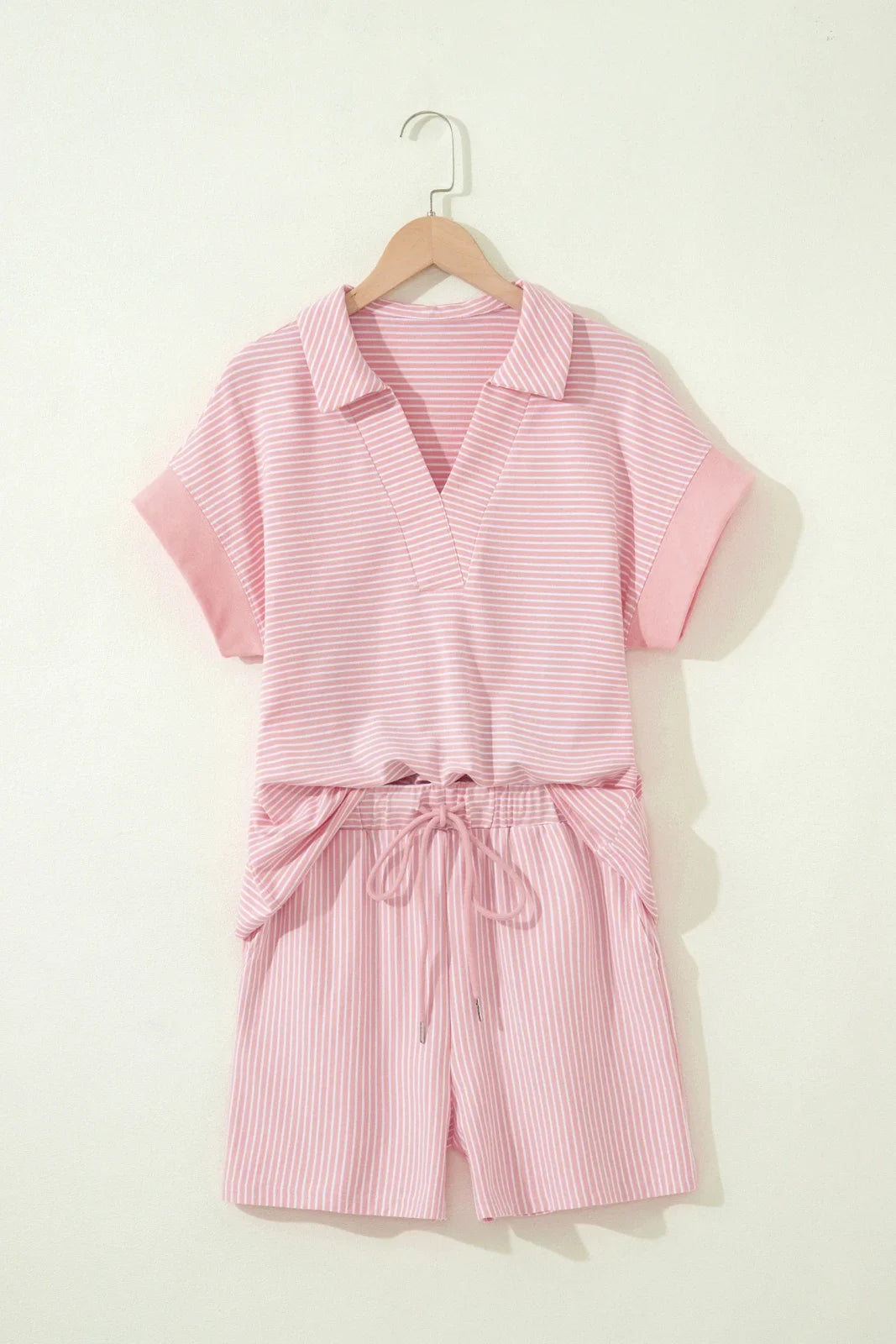 Stripe Dolman Sleeve Polo Shirt & Drawstring Shorts Set