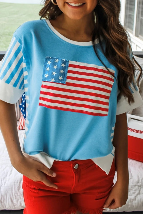 July 4th Flag Stripe Patchwork Colorblock T-Shirt