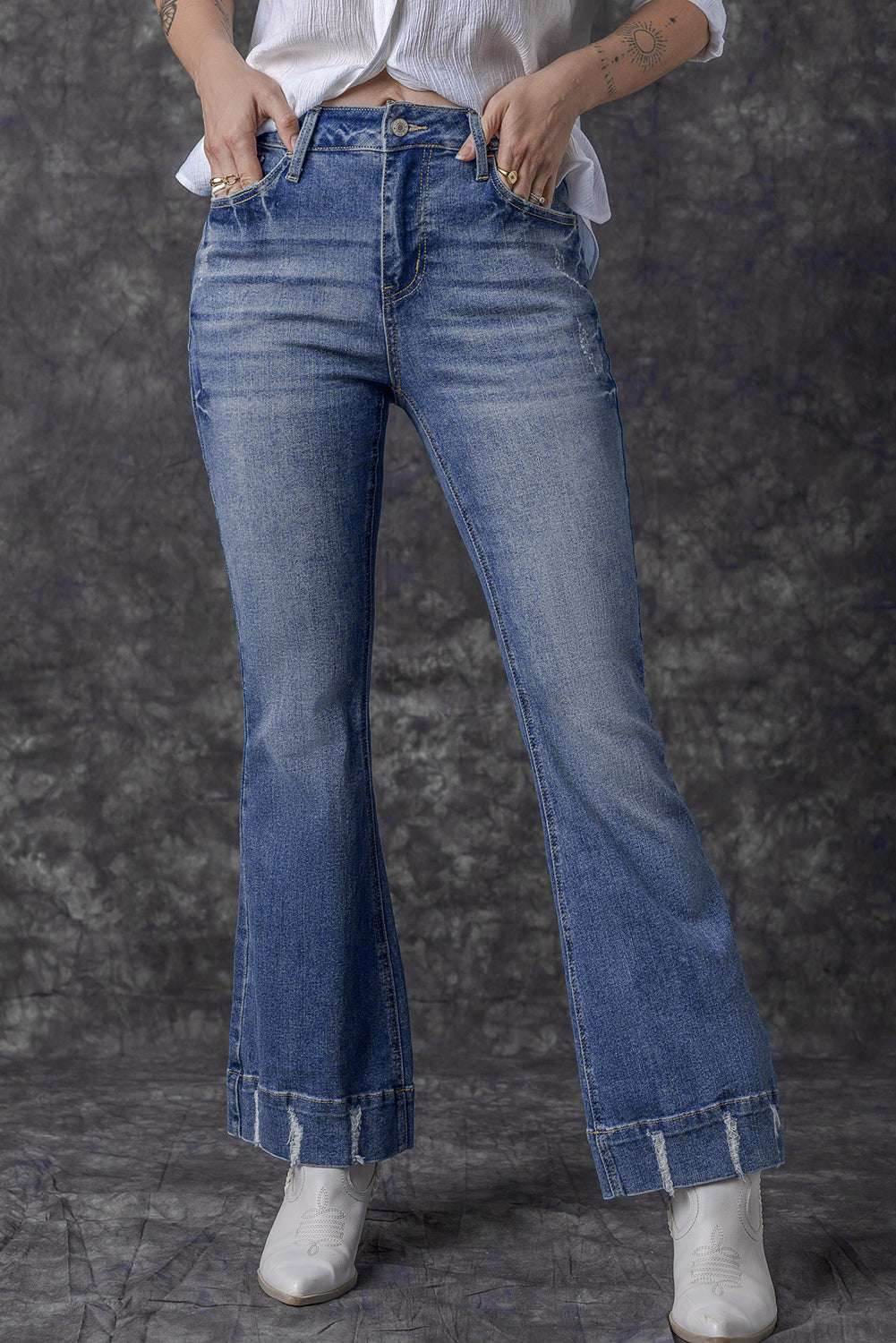Sky Blue Slight Distressed Medium Wash Flare Jeans - VacationGrabs